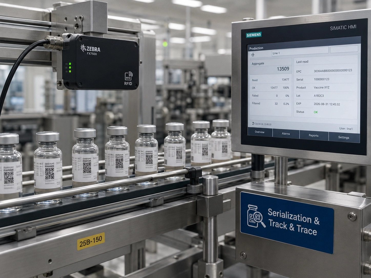 Vials of pharmaceutical medicine and vaccines on an automated packaging inspection line implementing RFID serialized secure track and trace Vials of pharmaceutical medicine and vaccines on an automated packaging inspection line implementing RFID serialized secure track and trace